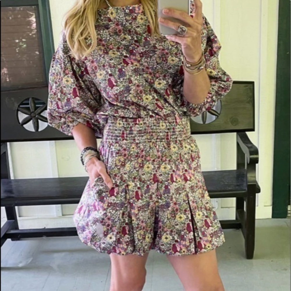 BURU boho Smocked Floral Mini Skirt